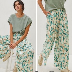 Anthropologie Abstract Teal and Cream Wide-Leg Pants